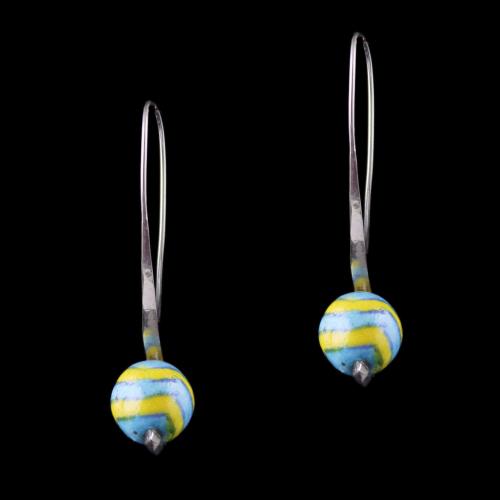 Silver Blue And Yellow Pottery Hanging Earrings