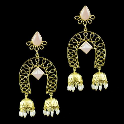 Gold Plated Jhumka Earring Studded With Pink Onyx And Pearl