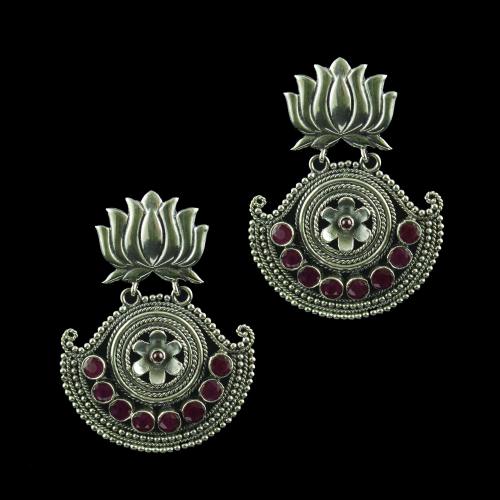 Silver Oxidized Floral Design Earring Drops Studded Red Onyx Stones