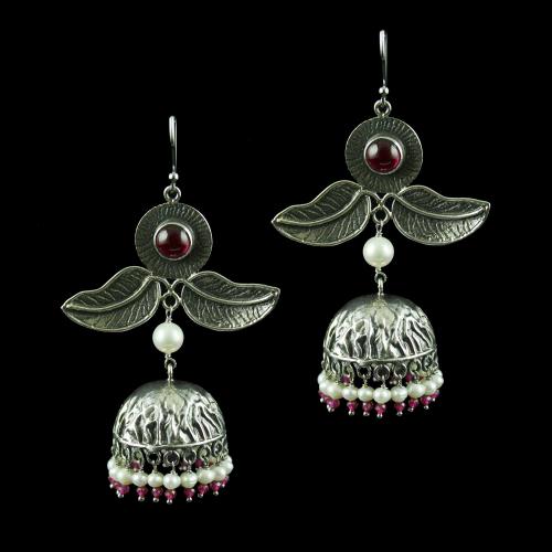 Silver Jhumka Hanging Earring Studded With Pearl And Red Onyx