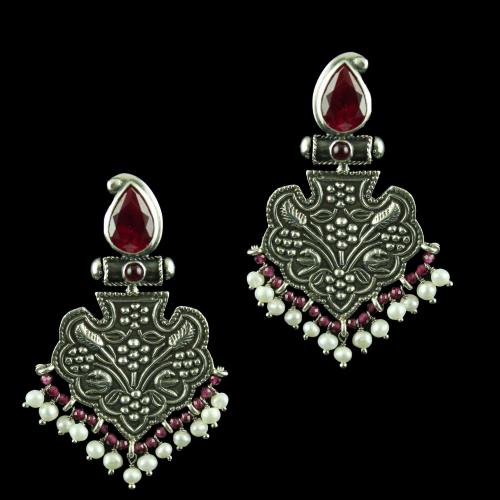 Silver Oxidized drops Earring Studded Ruby Red Beads And Pearls