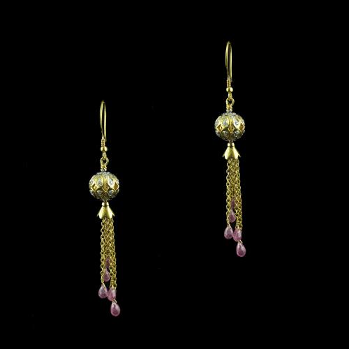 Gold Plated Hanging Earring Studded With Zircon Stone And Ruby