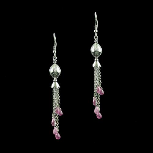 Silver Hanging Earring Studded With Zircon Stone And Ruby
