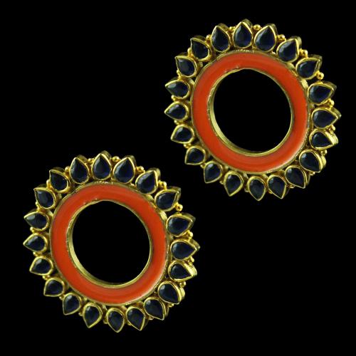 Gold Plated Enamel Earring Studded With Black Onyx