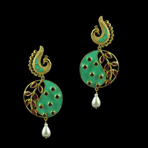 Gold Plated Drops Earring Studded With Red Onyx And  Blue Enamel