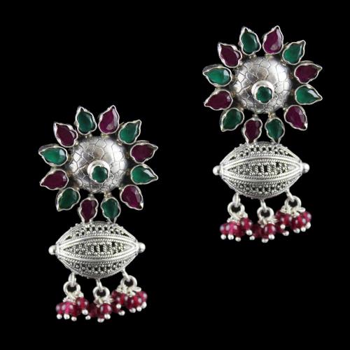 Silver Oxidized Design Jhumka Studded Red Green Onyx And Red beads