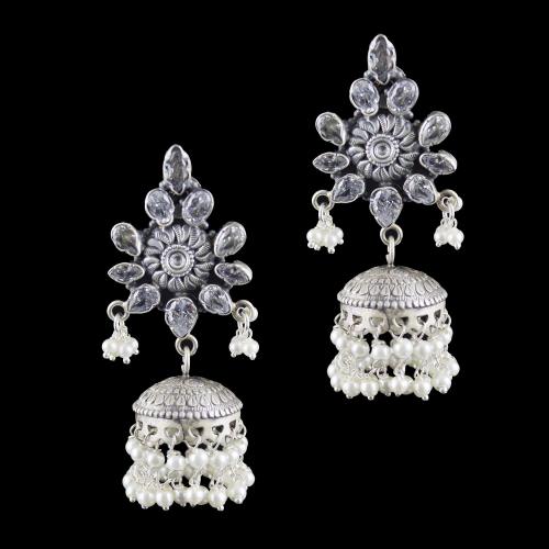OXIDIZED SILVER CZ AND PEARL BEADS JHUMKAS