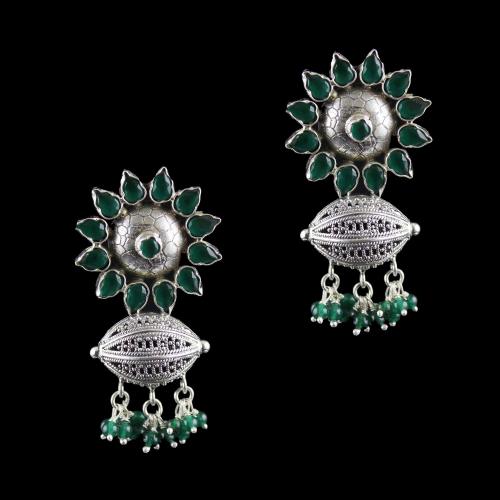 Silver Oxidized Jhumka Studded Green Onyx And Green Beads