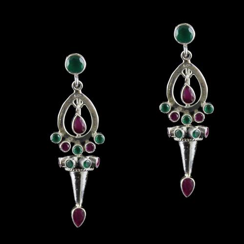 Silver Oxidized Earring Drops Studded Red,Green Onyx