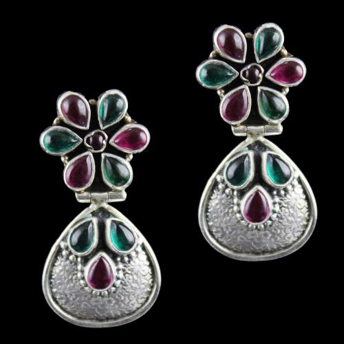 Silver Earring Drops Studded red,green Onyx