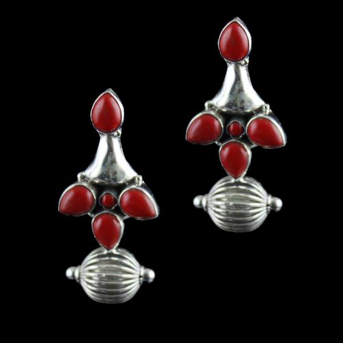 Silver Oxidized Earring Drops Studded Coral