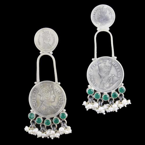 Silver Oxidized Earring Studded Green Onyx And Pearls