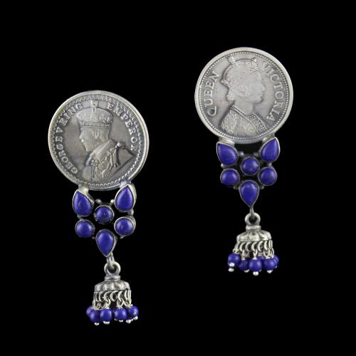 Silver Oxidized Earring Drops Studded Lapis Lazuli and Beads
