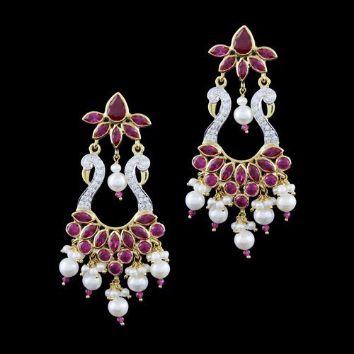 Peacock Earring Drops Studded Onyx And Zircon,Pearls