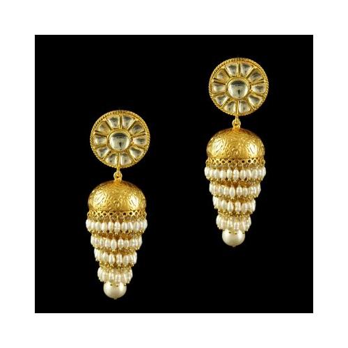 Silver Gold Plated Kundha Design Jhumka Earring With Pearls