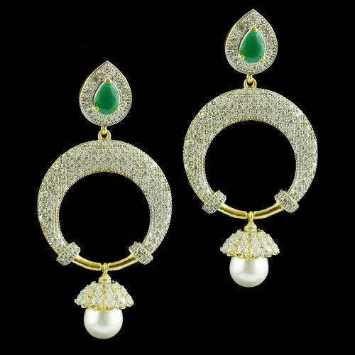 Zircon Stone Drops Earring Studded With Pearl And Green Onyx