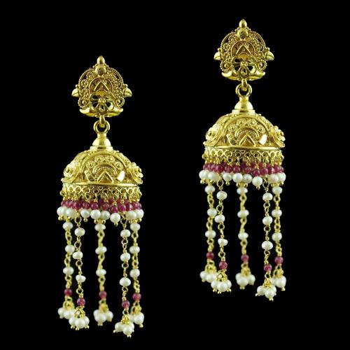 Gold Plated Jhumka Pearl And Red Beads