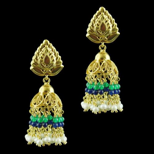 Gold Plated Jhumka Earring Studded Pearl And Green Beads