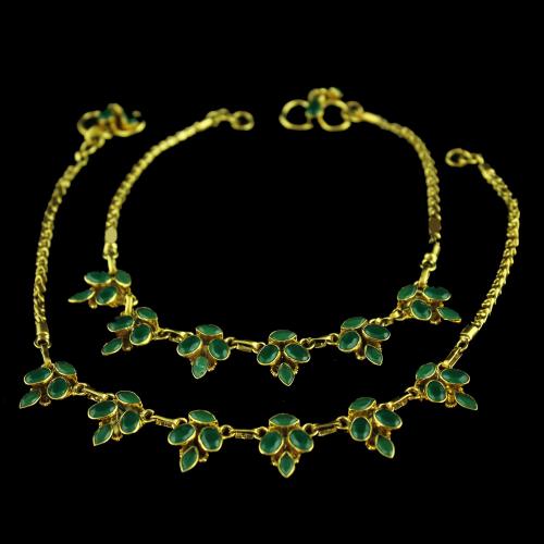 Gold Plated Fancy Anklet Studded Green Onyx