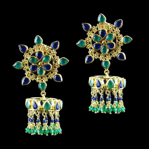 Gold Plated Earring Drops Blue,Green Onyx And Blue,Green Beads