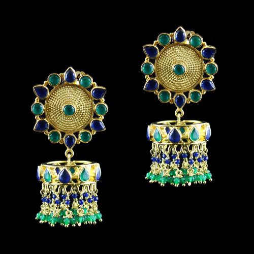 Gold Plated Earring Drops  Green,blue Onyx And Green,Blue Beads