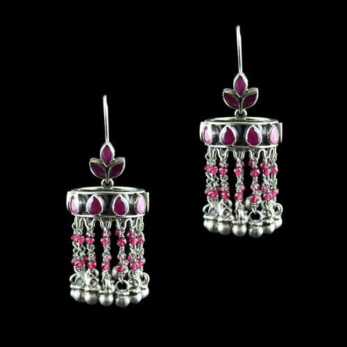 Oxidized Earring Drops Red Onyx And Red Beads