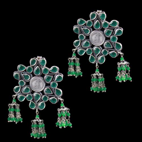 Oxidized Earring Drops Green Onyx And Green Beads