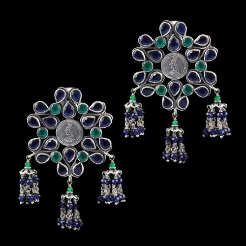 Oxidized Earring Drops Green,Blue Onyx And Green,Blue Beads