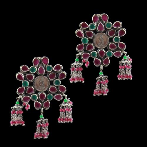 Oxidized Earring Drops Red,Green Onyx And Red,Green Beads