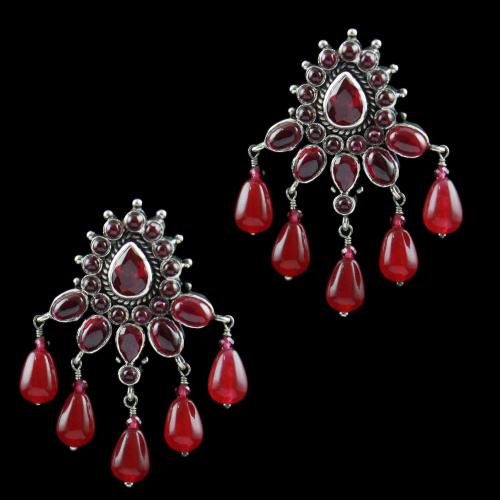 Oxidized Earring Drops Red Onyx And Red Beads