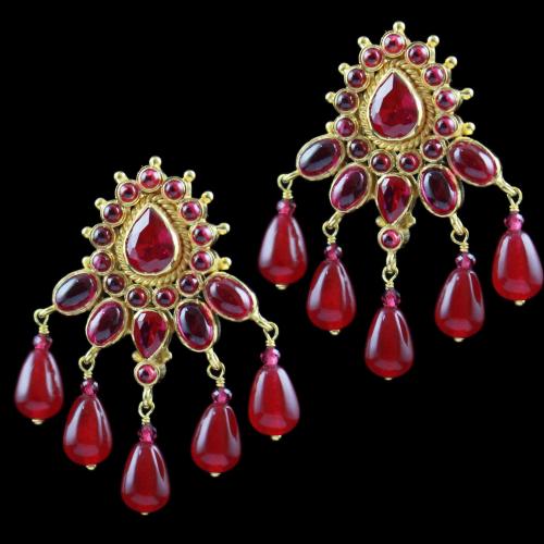 Gold Plated Earring Drops Red Corundum