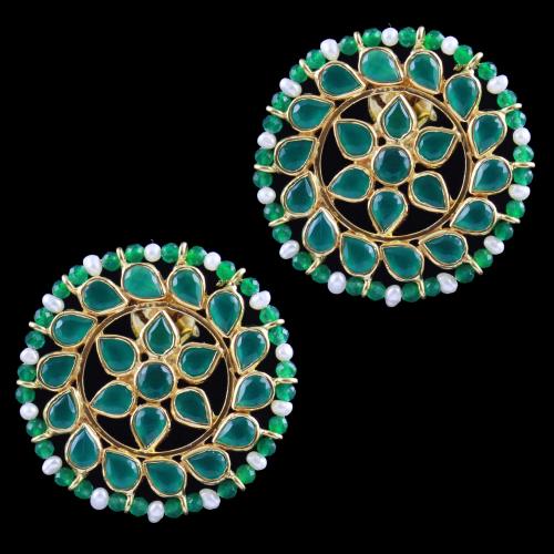 Gold Plated Casual Earring Green Corundum And Pearl