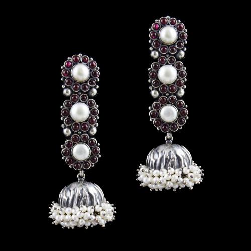 OXIDIZED SILVER RED ONYX WITH PEARL BEADS JHUMKAS