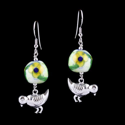 Blue Pottery Birds Hanging Earrings
