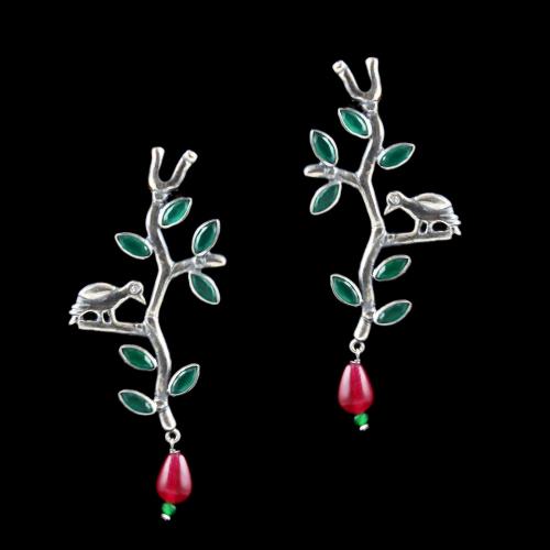 Green Leaf And Red Bead Drop With Zircon Stone Earring