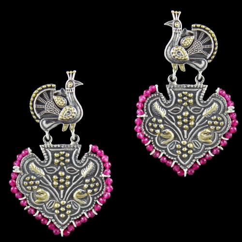Oxidized Silver Peacock Design Floral Drops Earring