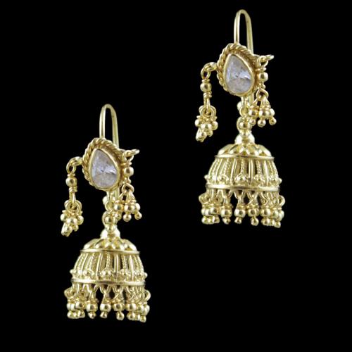 Gold Plated Hanging Jhumka Earrings With Zircon Stone