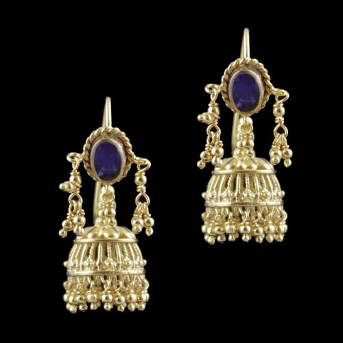 Gold Plated Hanging Jhumka Earrings With Blue Hydro Quartz