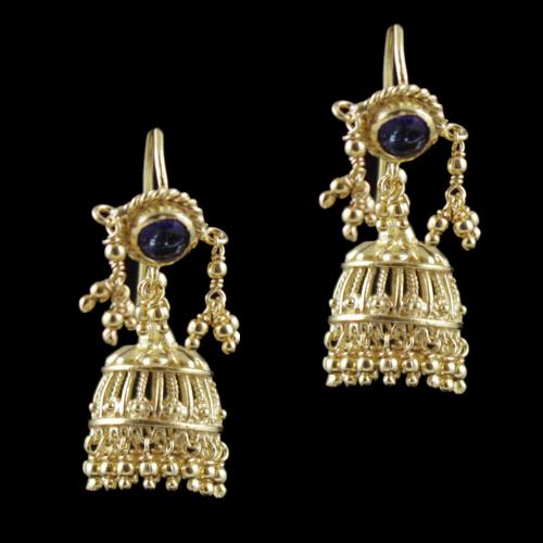 Gold Plated Hanging Jhumka Earrings With Blue Hydro Quartz