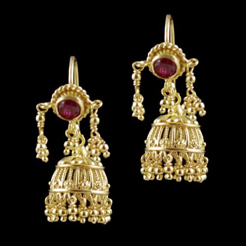 Gold Plated Hanging Jhumka Earrings With Red Corundum Stone