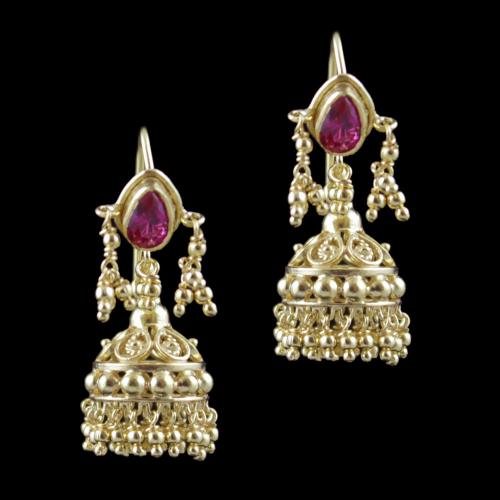 Gold Plated Hanging Jhumka Earrings With Red Corundum Stone
