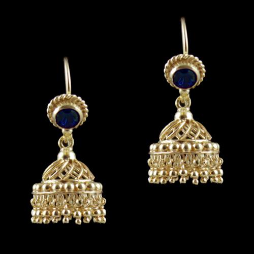 Gold Plated Hanging Jhumka Earrings With Red Corundum Stones