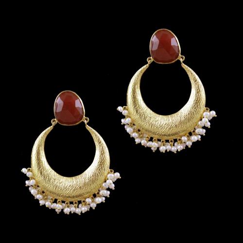 Gold Plated Pearl And Onyx Stone Chandbali Party Wear Earrings