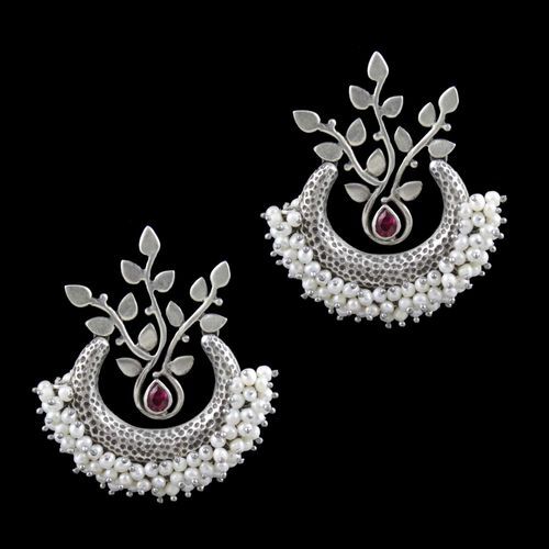 Oxidized Silver Pearl And Green Hydro Quartz Chandbali Earrings
