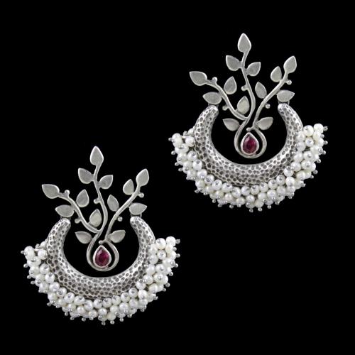 Oxidized Silver Pearl And Corundum Stone Chandbali Earrings