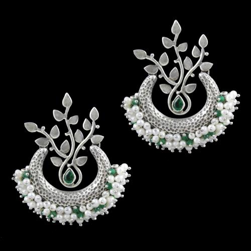 Oxidized Silver Pearl And  Green Hydro Quartz With Beads Chandbali Earrings