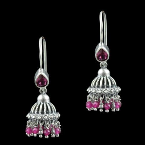 Oxidized Silver Red Corundum With Red Beads Jhumka Earrings