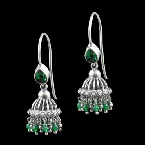 Oxidized Silver Green Hydro Quartz With Green Beads Jhumka Earrings