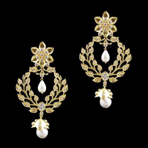 Gold Plated Zircon Stone And Pearl Drops Earrings