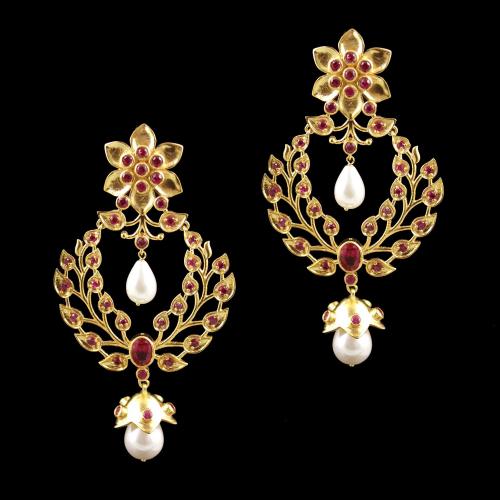 Gold Plated Red Zircon Stone And Pearl Drops Earrings